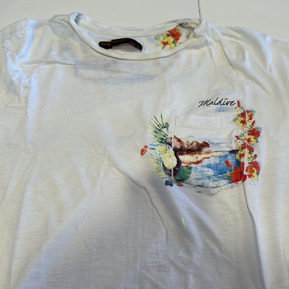 White Graphic T-Shirt with Floral and Scenic Design